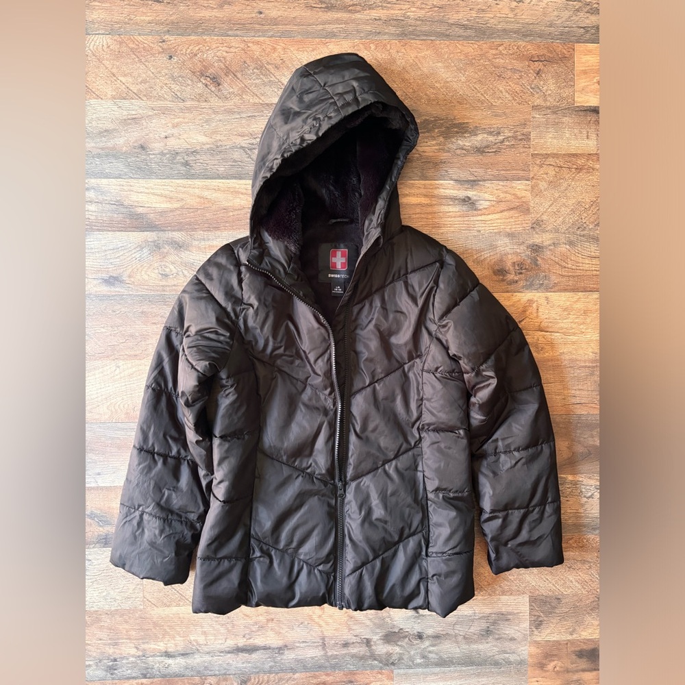 Swiss Tech Girls Black Winter Casual Cozy Warm Hooded Coat large
